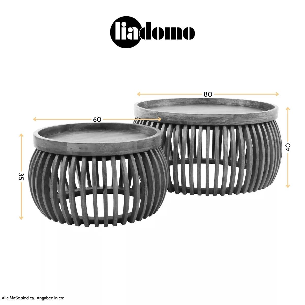 Couchtisch Laos rund 2er Set | Durchmesser 60 und 80 cm, Zweitisch Set, Mangoholz massiv, braun, runde Tischplatte, Holzstreben, erhöhter Rand