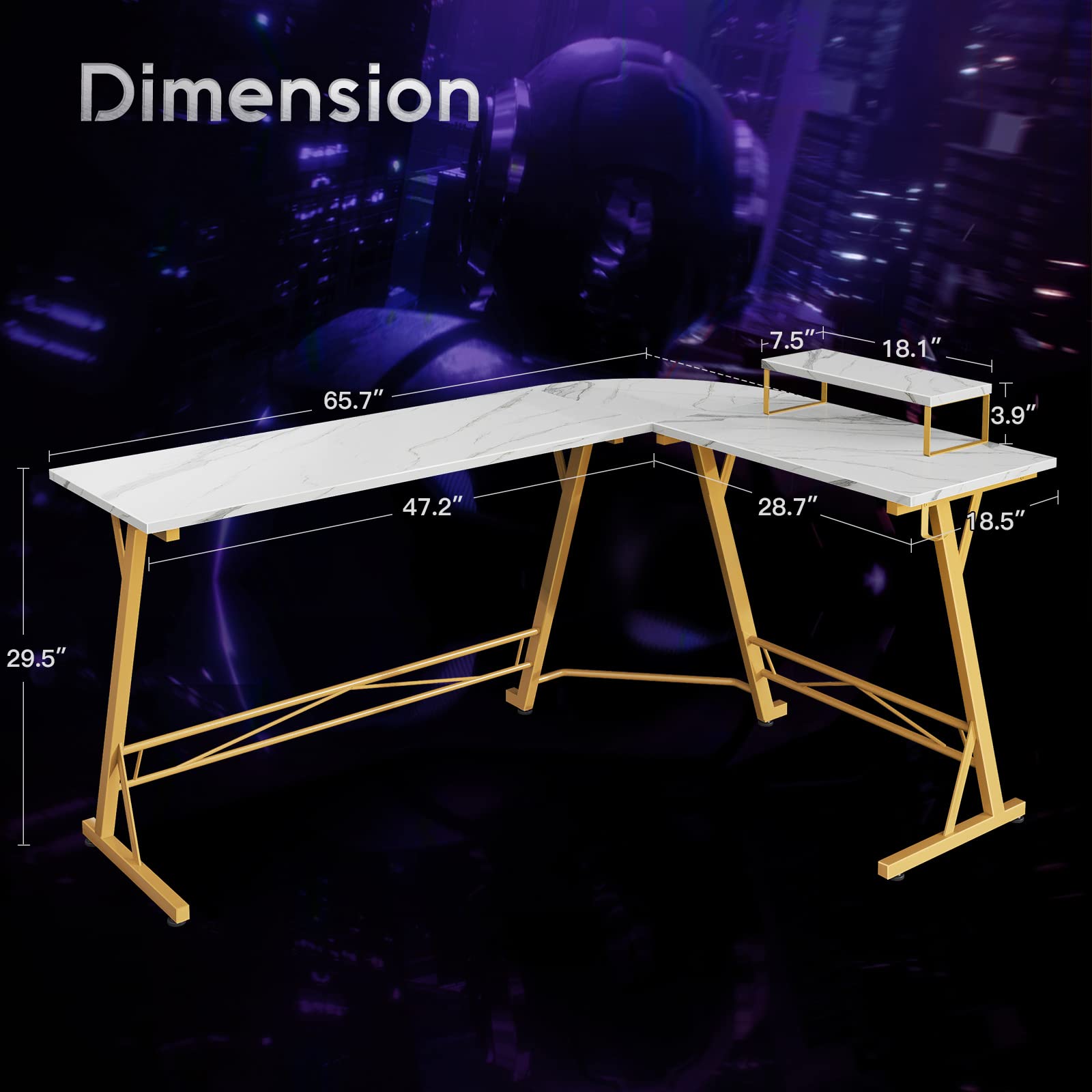 Casaottima Gaming Desk L Shaped Computer Desk, Corner Desk for Home Office with Monitor Stand 66", Laminated Marble