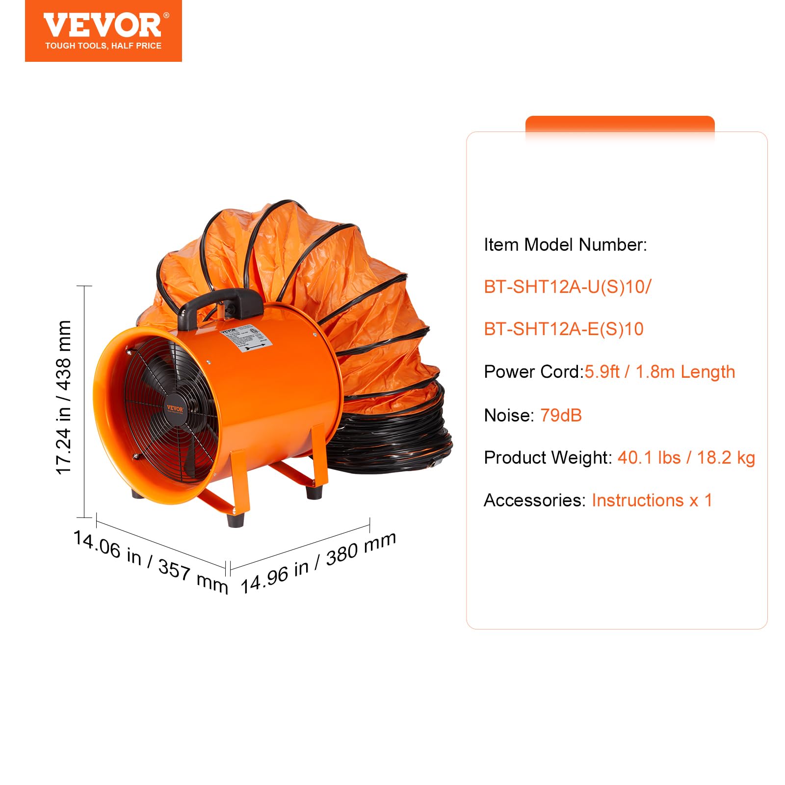 Vevor Bauventilator 367-W-AC-Motor Baugebläse 2800 U/min Baulüfter Gebläse 2574 CFM (4373 m3/h) Axiallüfter mit 10 m Schlauch Axialgebläse 79 dB Geräuschpegel Industrielüfter – Bild 7