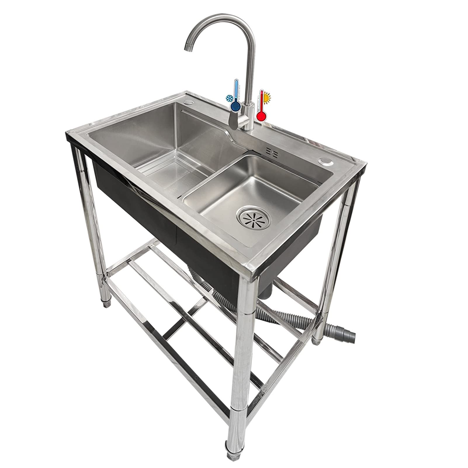ZQFHSX Stainless Steel Commercial Kitchen Sink Single Bowl 1 Compartment with Hot and Cold Tap Free Standing Utility for Restaurant Laundry Garage Indoor Outdoor (Depth 22cm)