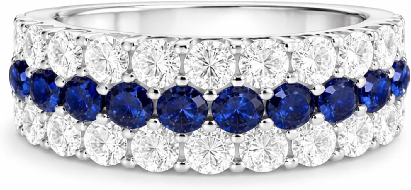 Three Row Blue Sapphire & Moissanite Band Ring for Women, Half Eternity Ring in 925 Sterling Silver Rhodium Plated, Lab-Grown Blue Sapphire, September Birthstone Anniversary Promise Gift