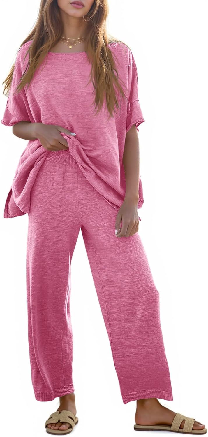 Tankaneo Women's 2 Piece Travel Outfits Casual Short Sleeve Knit Sweater Set Wide Leg Pants Lounge Sets Tracksuit
