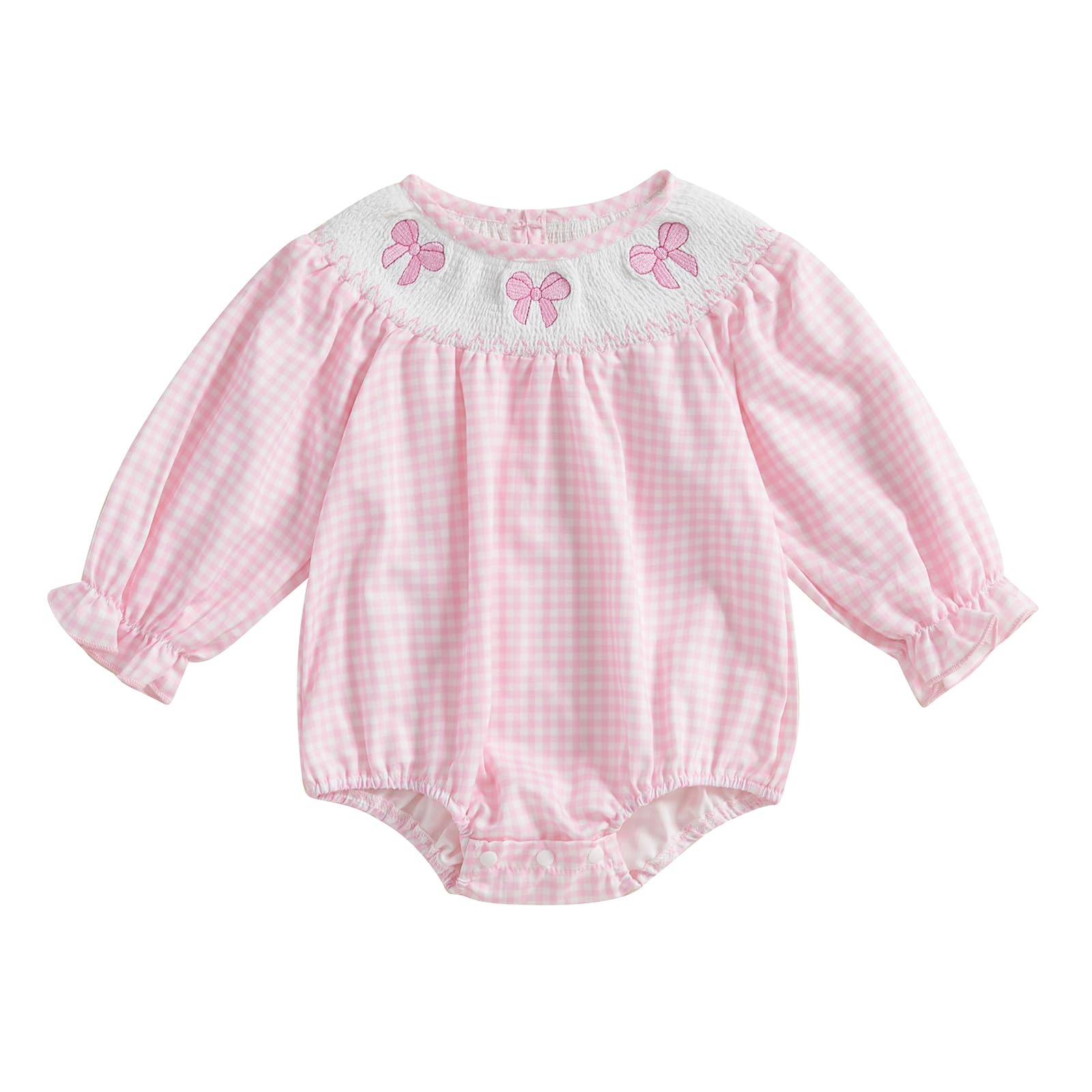 Youweixiong Newborn Infant Baby Girl Bubble Romper Bow Embroidery Plaid Puff Long Sleeve Smocked Cotton Linen Bodysuit Cute Fall Clothes (Pink, 0-3 Months)