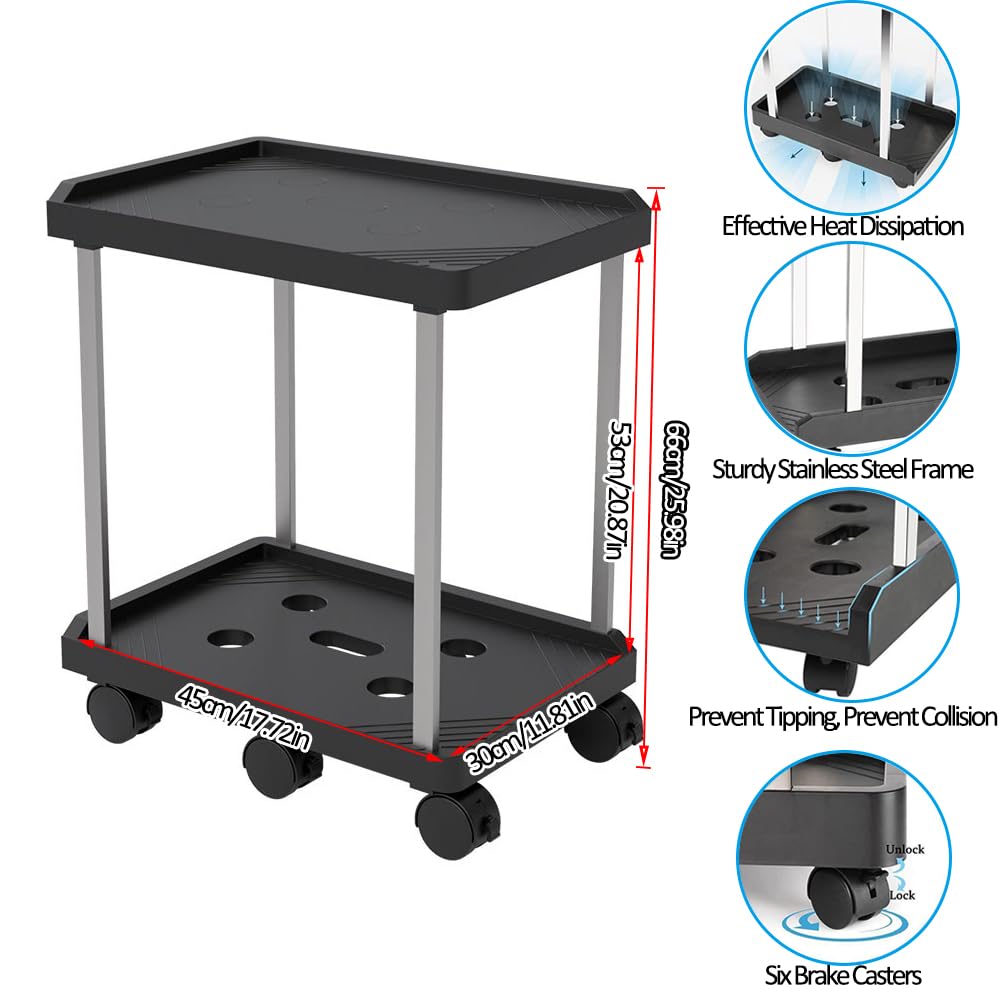 Supporto per PC Case Stand, 2 Strati Supporto a torre per computer con 6 Rotelle, Supporto per Custodia per PC Mobile Adatto alla Maggior Parte dei Computer, Nero