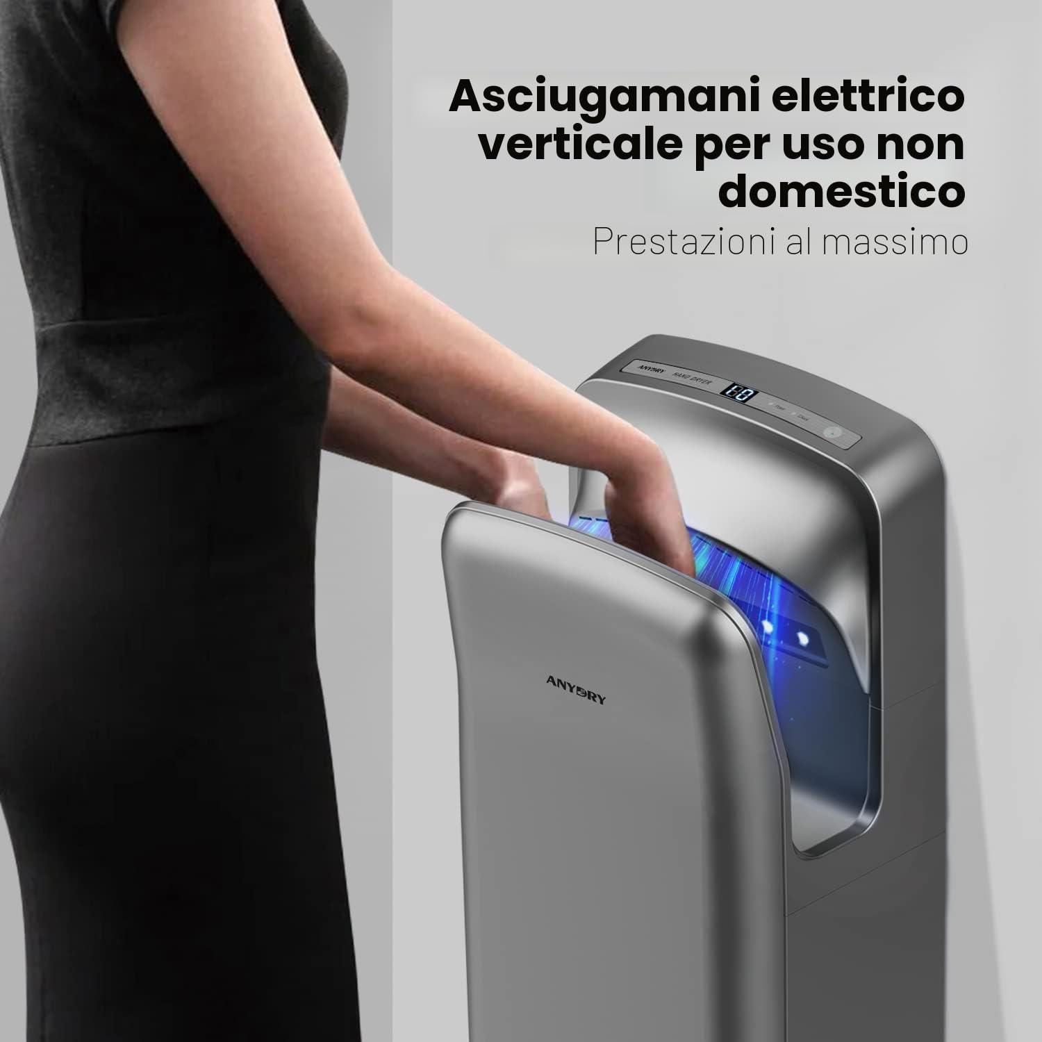 anydry 2005H Asciugamani Elettrico ad Aria,Asciugamani Elettrico Professionale,con Filtro HEPA, Super Potente,7-10 Secondi per asciugare,1750-2050W (Argento)