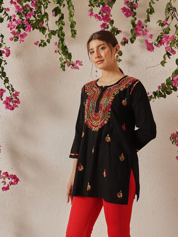 Image of Ada Women's Cotton Regular Fit Tunic Hand Embroidered Lucknow Chikankari Short Top Kurti A100554