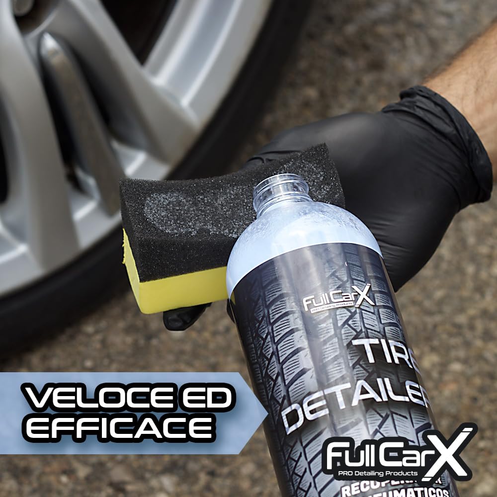 FULLCARX Tire Detailer 750ml Nero Gomme Auto, Rinnova Plastiche Rapido ed Efficiente, Lucida Pneumatici, Finitura Satinata, Nero Intenso Ruote Paraurti, Prodotto Pulizia Professionale Detailing