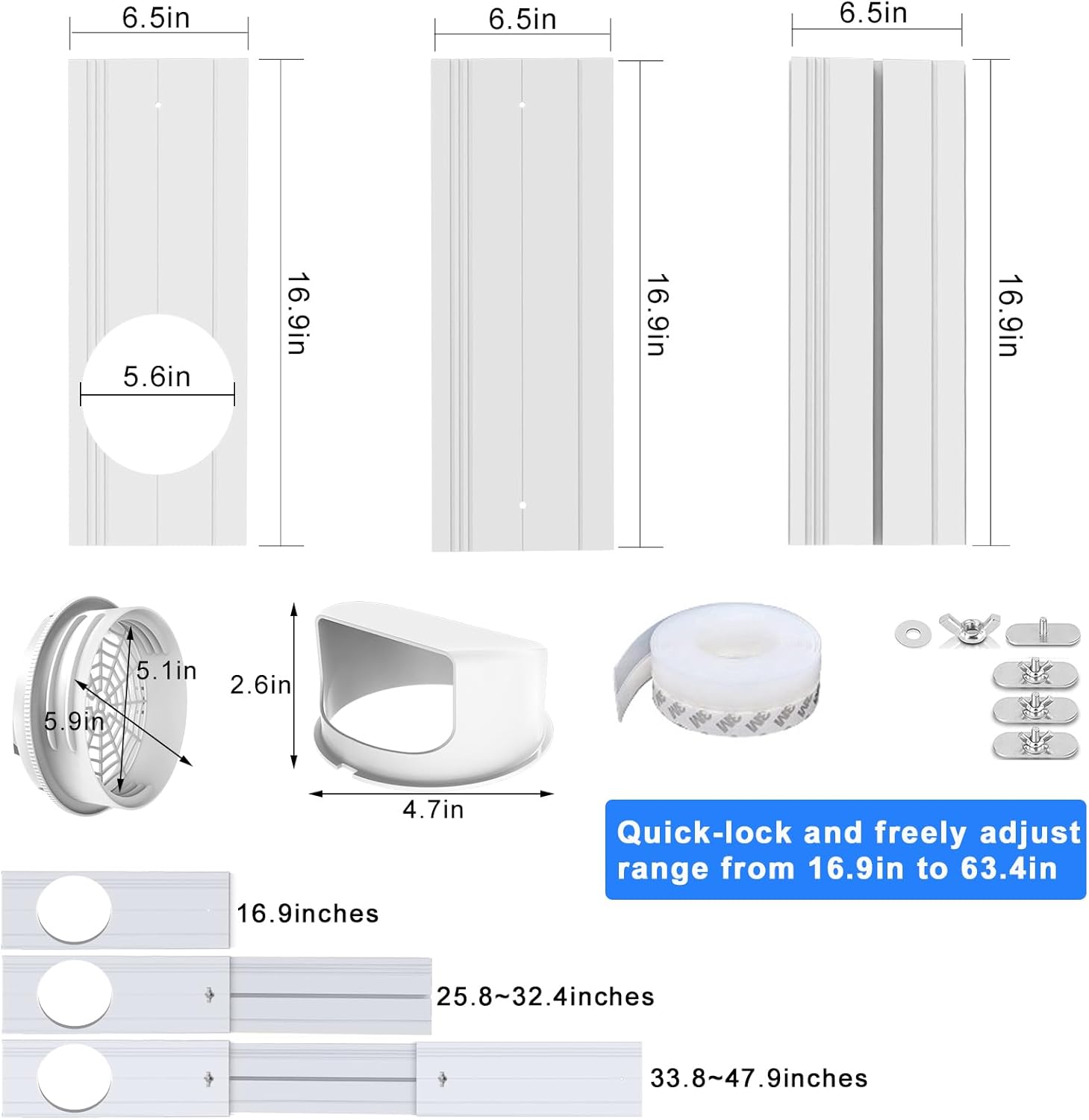 Portable Air Conditioner Window Vent Kit with 2-in-1 Coupler Fit for 5.0"/5.9” Exhaust Hose, Mobile A/C Unit Window Kit with 3 Seamless Slot Seal Plates for Vertical/Horizontal Sliding Window