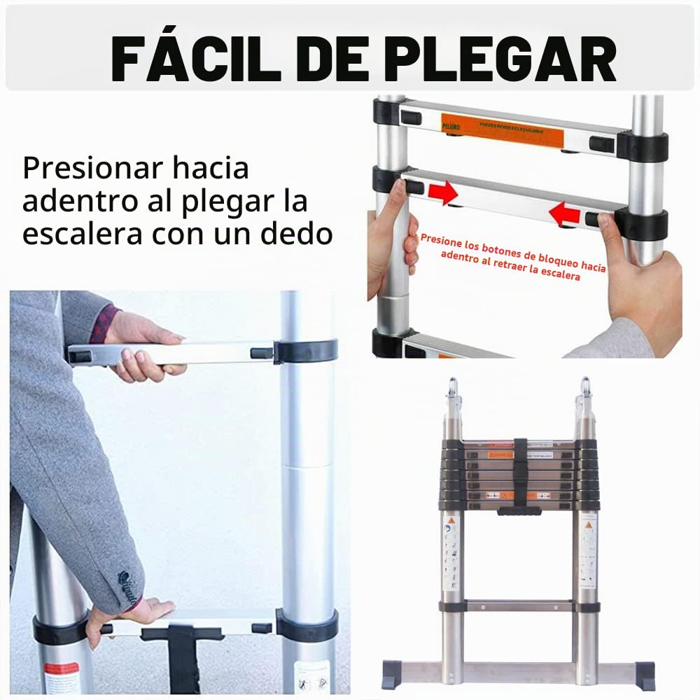 Escalera telescópica extensible de 2,5 + 2,5 m, robusta de acero inoxidable, marco en A, sistema de cierre suave, escalera de pie con estabilizador, 6 + 6 peldaños, 330 LB/150 kg, capacidad de carga