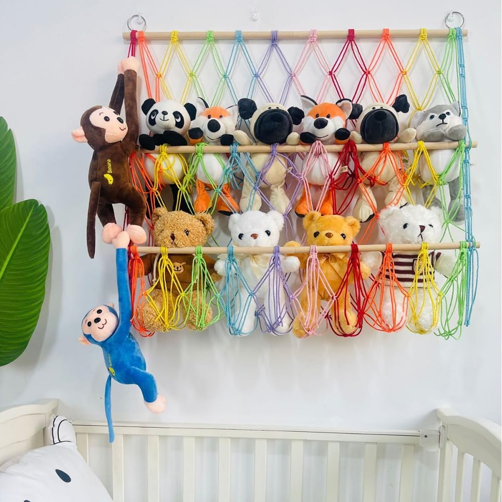 GarveeHome Stofftier Aufbewahrung Netz, Makramee Hängematte für Kuscheltiere, Hängend Stofftier Organizer Wandbehang Dekoration Netz für Kinderzimmer Schlafzimmer,Farbig