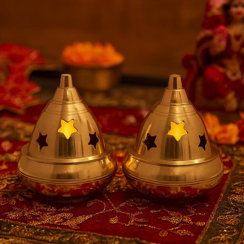 Brass Diya with Dome Lid and Star Cut-Outs Set of 2 | 2x2x2.2 Inch Traditional Deepak for Pooja Diwali Mandir & Gift Oil Lamp (2)-image-10