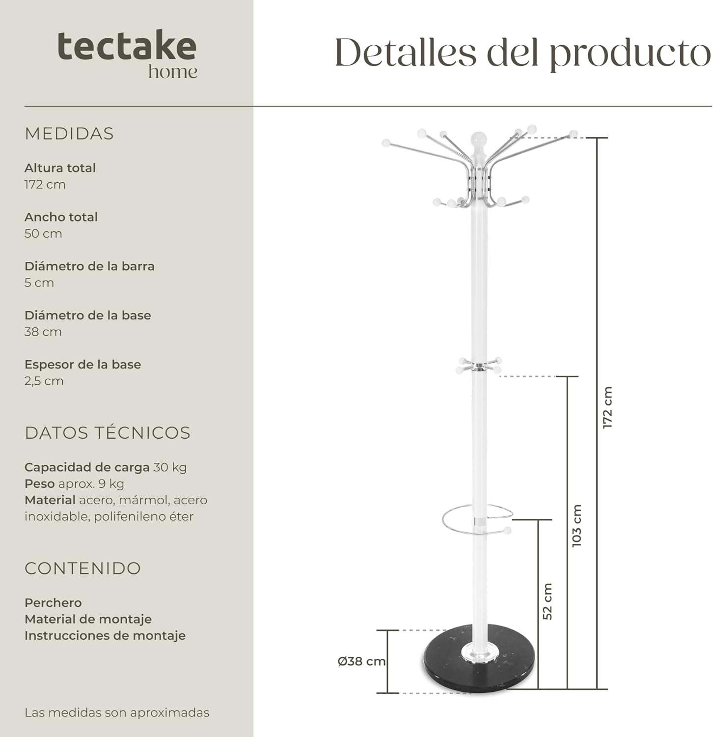 Diagram showing the dimensions and components of the tectake coat rack