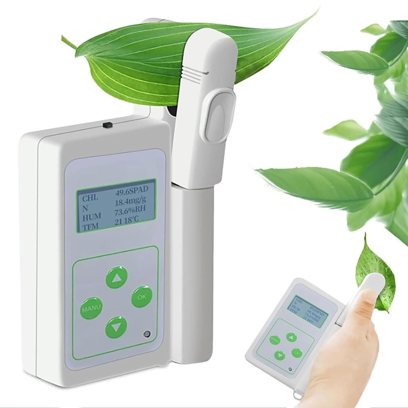 Caibendss Portable Chlorophyll Meter, 2000MAH Handheld Chlorophyll Analyzer with USB Data Export, Quickly Detect Chlorophyll/nitrogen/Temperature/Humidity A