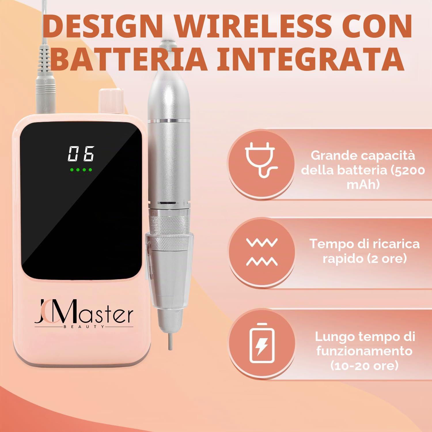 Fresa unghie professionale JCMaster, 35.000 U/min, lima elettrica portatile per unghie in gel e acrilico, batteria ricaricabile, incl. 12 punte, comando a pulsante.