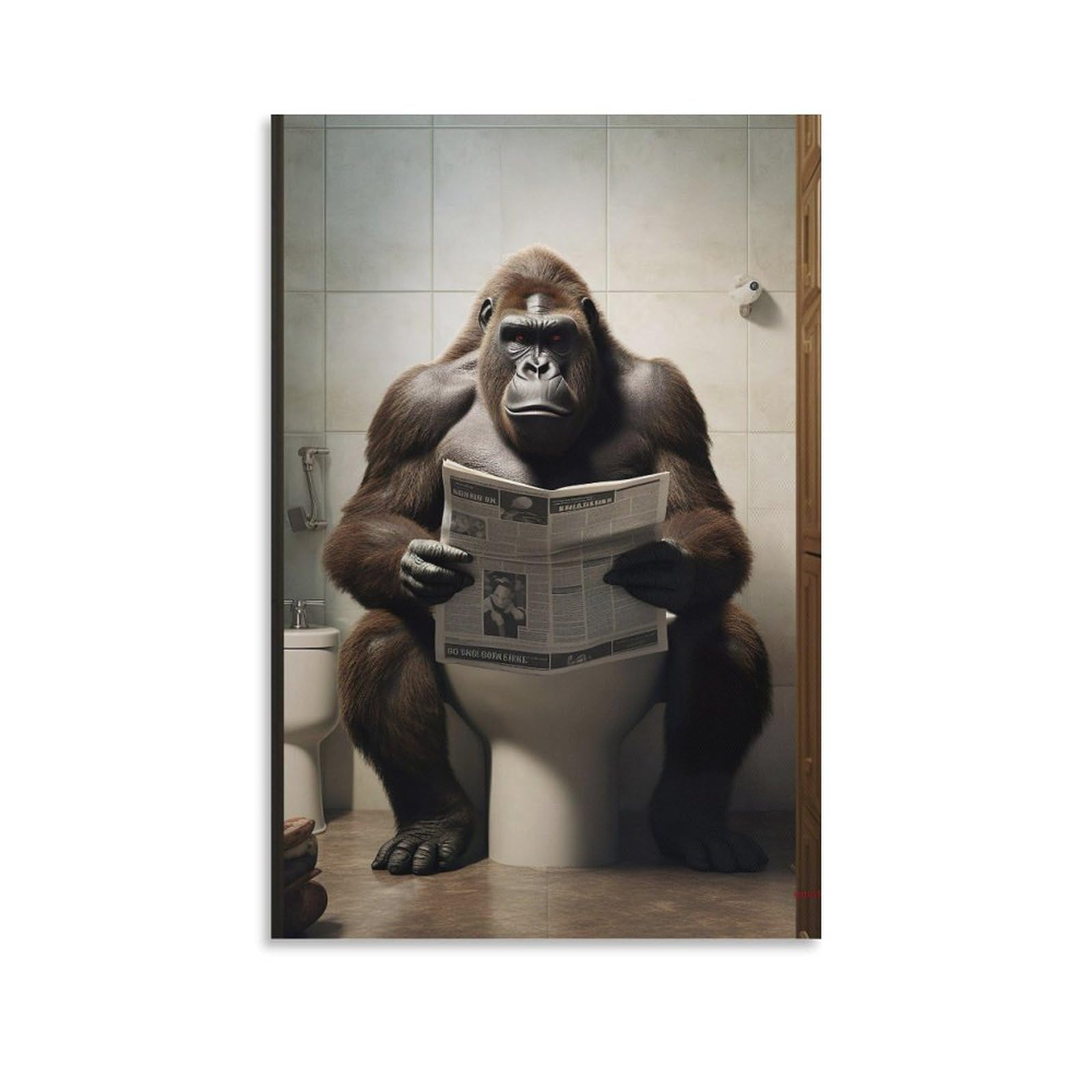 Gorilla Sitting on Toilet Reading Newspaper Funny Retro Style Animal Animal Art Poster Funny Bathroom Humour Poster Canvas Poster Bedroom Decor Landscape Office Room Decor Gift 12x18inch(30x45cm)