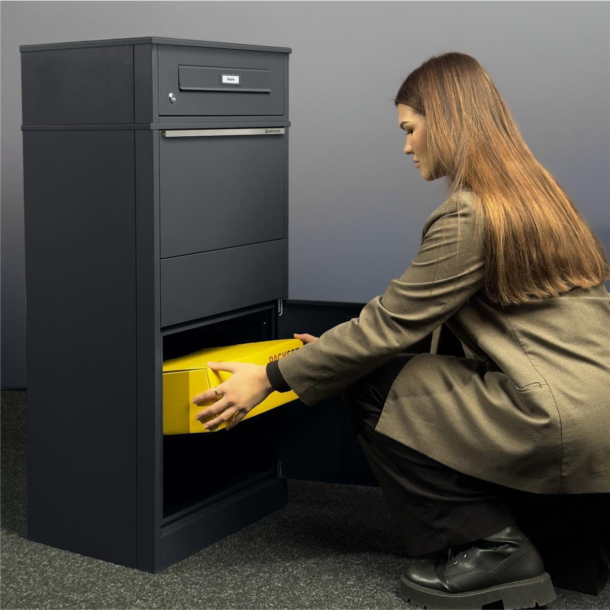 Metzler® boîte à Colis et Lettres avec Plaque de nom Interchangeable et Double Compartiment, Anthracite RAL7016, Acier thermolaqué résistant aux intempéries, Montage Facile, Bispo RE