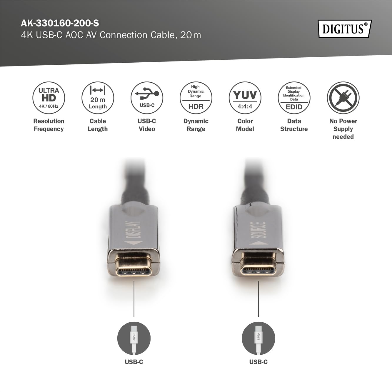 Digitus - UsB-Kabel - 24 Pin UsB-C (m) Zu 24 Pin UsB-C (m) - Displayport 1,2 - 20,0m - Active Optical Cable (aoc), Support Von 4k 60 Hz, Unterst?tzt