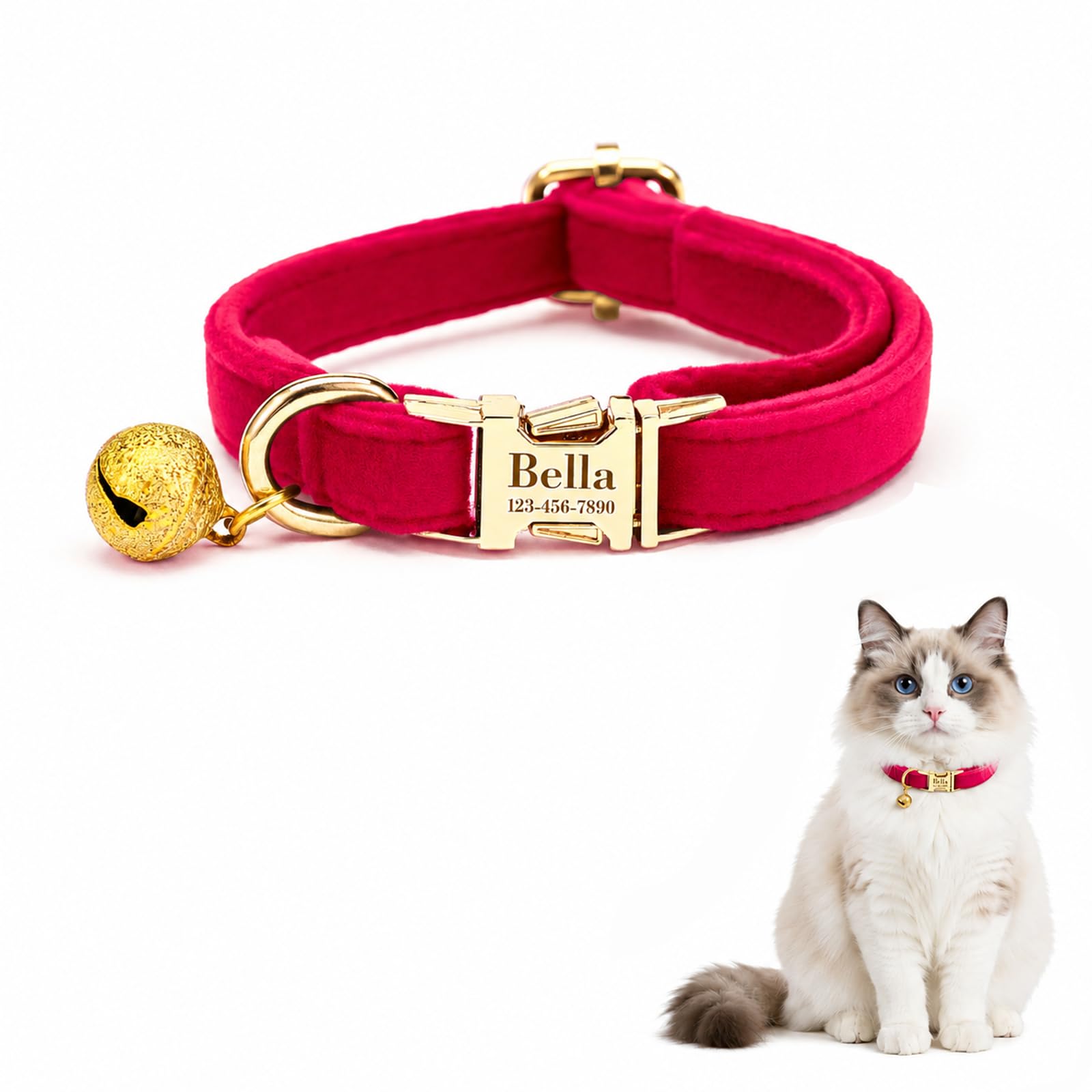 Custom Cat Collar with Bells Personalized Small Cat Collar Engraved Name &amp; Phone Number with Secure Metal Quick-Release Buckle Adjustable (Bright RED)
