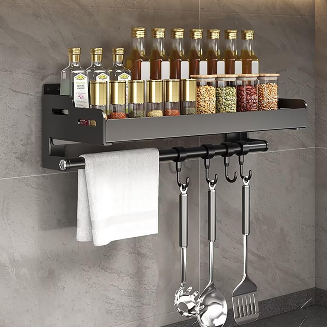 GLJTUO Wall-Mounted Spice Rack, No Drill Required, Kitchen Utensil Holder, Perfect for Cabinets & Doors, Essential Storage Solution for Kitchen Spices (Nero 60cm Mit Stange),Nero-60cm Mit Stange