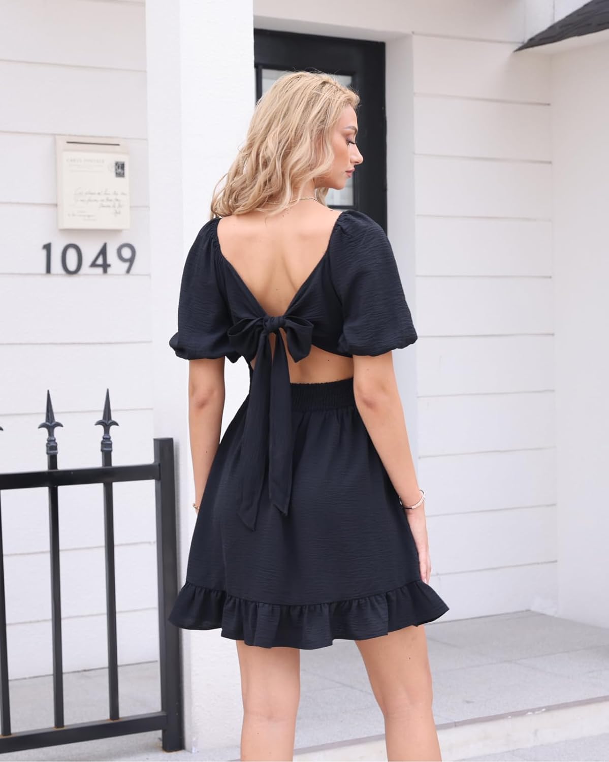 Fuinloth Womens Summer Sun Dresses Tied Back Puff Sleeve Square Neck Casual A-line Dress - Image 6