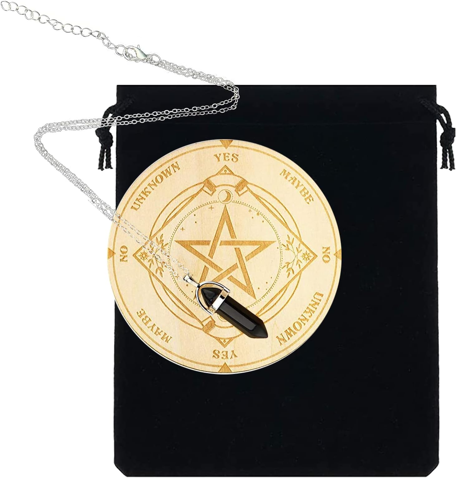 3PCS Pendulum Board Dowsing Divination, Star Pendulum Board Wooden Divination Board Carven Board 1PC Crystal Dowsing Pendulum Necklace Witchcraft Supplies Metaphysical Message Board with Velvet Bag