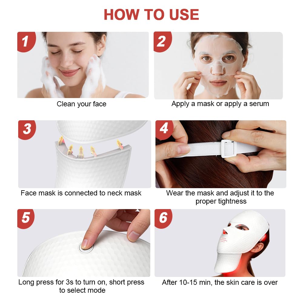 Rotlichttherapie für Gesicht und Hals, LED-Gesichtsmaske, Lichttherapie, 7 Farben, Lichtmaske, kabellos und wiederaufladbar, für Zuhause und auf Reisen