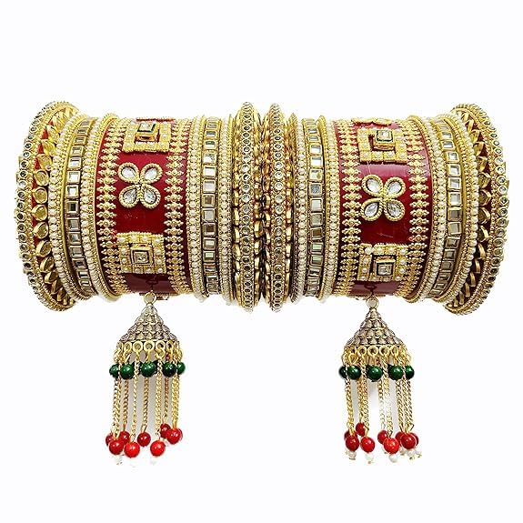 R j Enterprises Stone Design Traditional Bridal Wedding Chuda for Women's (Red)
