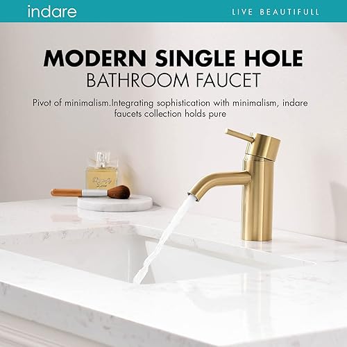 Miniatura 8 de Grifo de baño de oro cepillado, grifo de lavabo de baño de un solo agujero, moderno grifo de tocador de una sola manija con drenaje emergente y