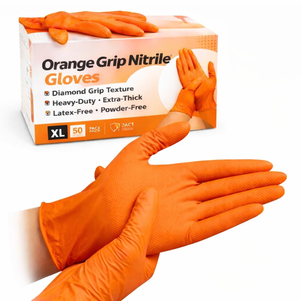 Ruiyang Nitrile Work Gloves Extra Large (50 Pack), Heavy-Duty Extra-Thick, Diamond Grip, Grip Non-Slip, Latex-Free, Powder-Free โ Mechanics & Automotive Use (Orange, Extra Large Orange - 50 Gloves)