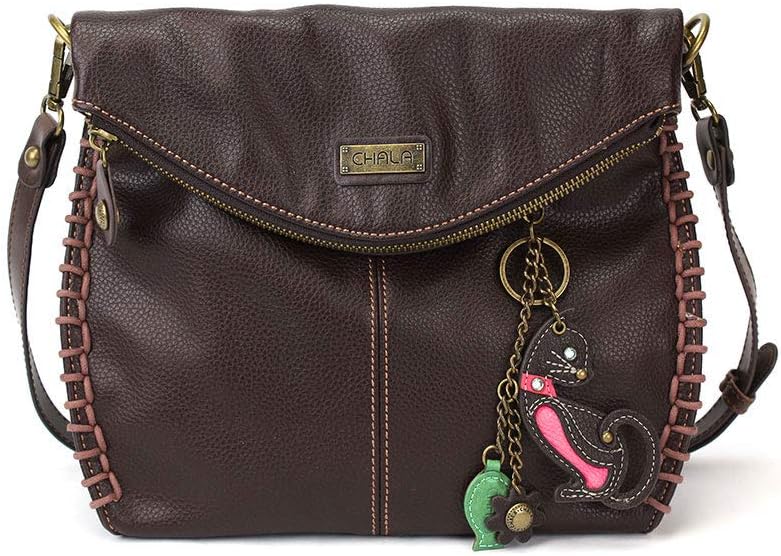 CHALA Charming Crossbody Bag with Zipper Flap Top and Metal Chain - Dark Brown (s828-DB-Blackcat)