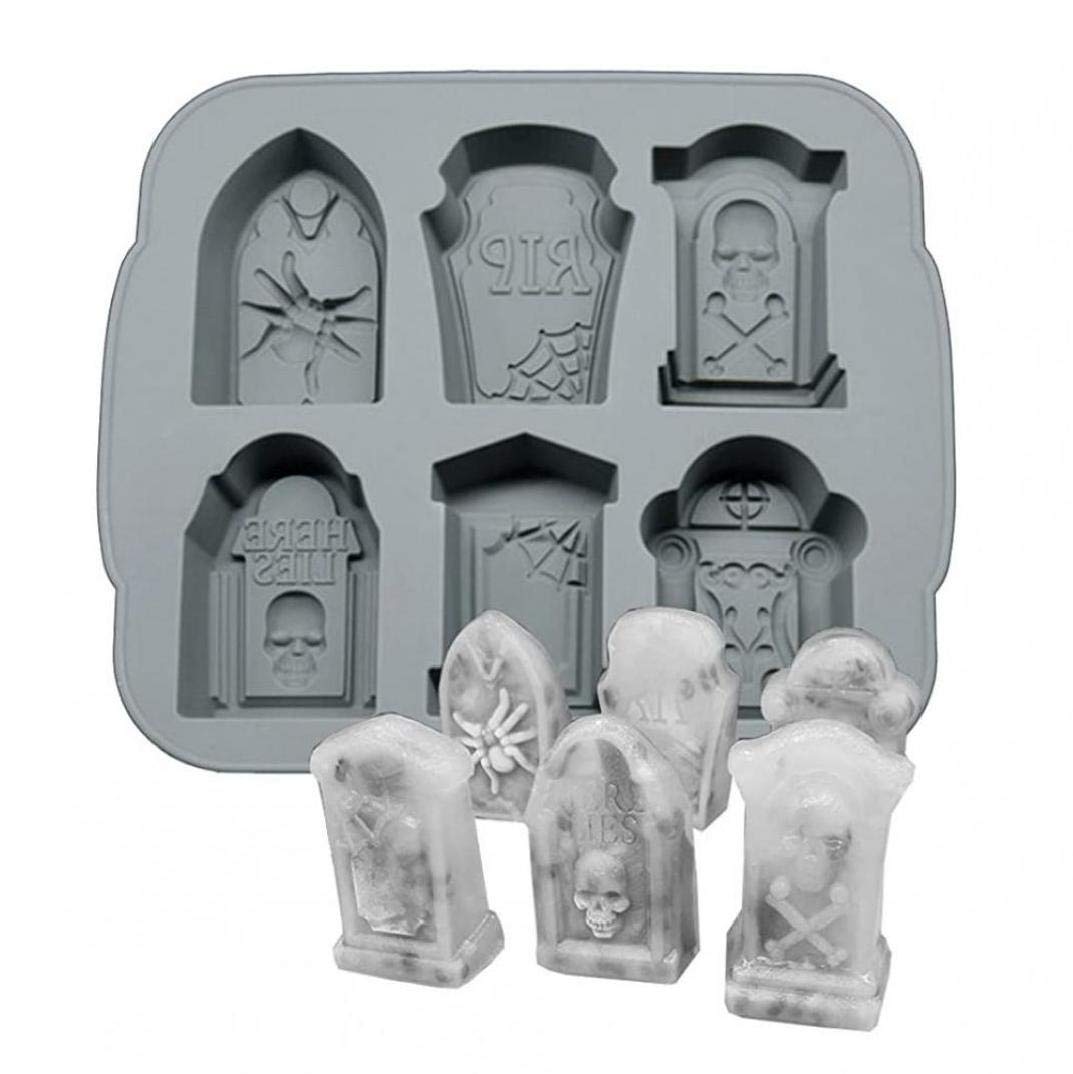 Lankater Transparent 3D Halloween Ice Cube Trays Silicone Gravestone Skulls Spider Rip Icing Molds Candy Jelly Cake Fondant Baking Moulds