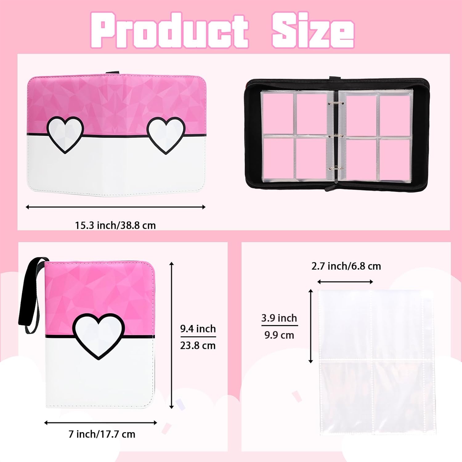 Card Binder Gem Card Holder Album Trading Cards Holder Zipper Polygonal Abstract Binder for Collection (Pink, 400 Pocket)