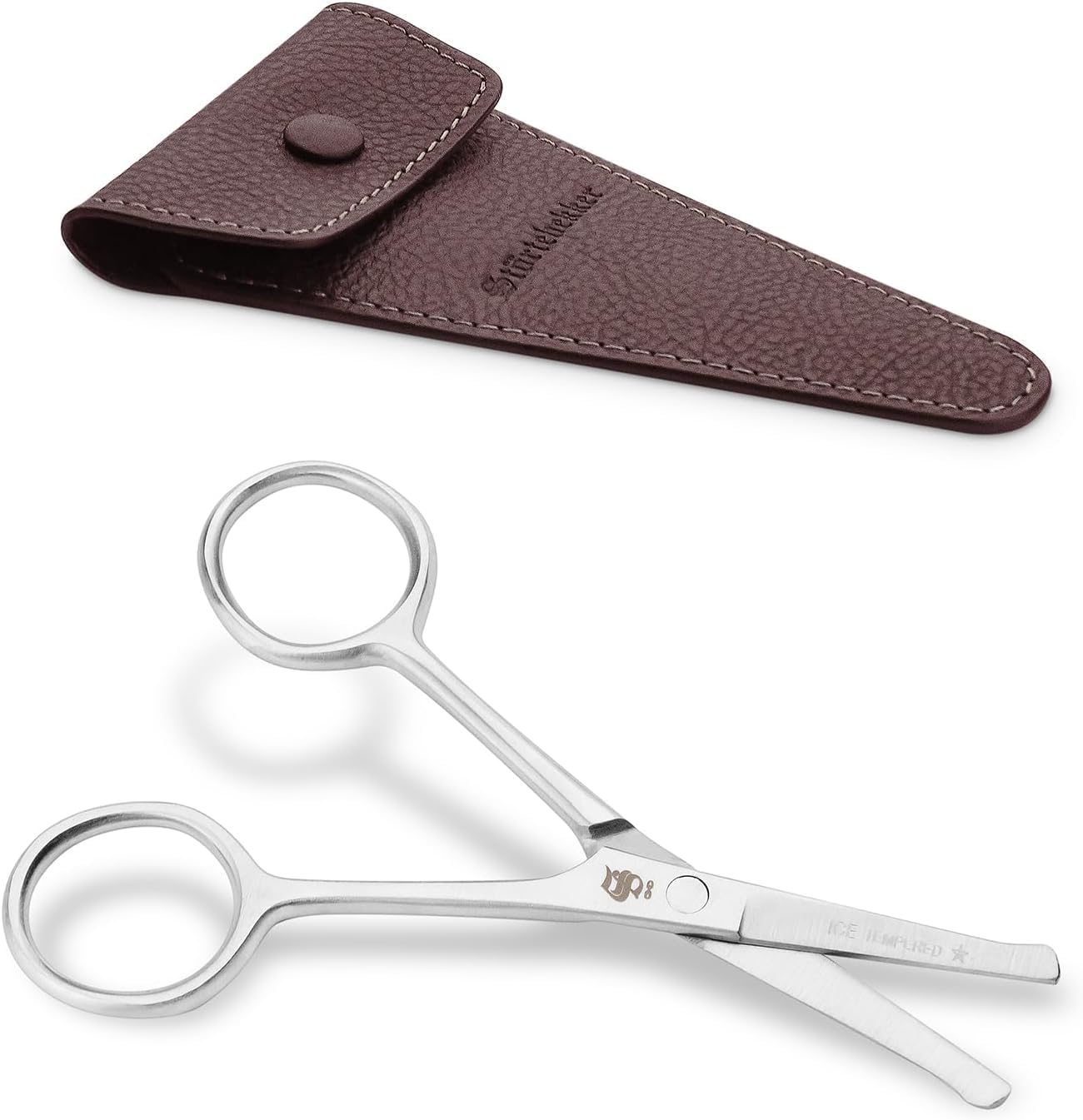 Störtebekker® Premium Beard Scissors - Forbici per barba in acciaio inossidabile - Regolabarba da uomo - Regolabarba da naso - Idea regalo - inclusa custodia in vera pelle (Caffè, Breve (11 cm))