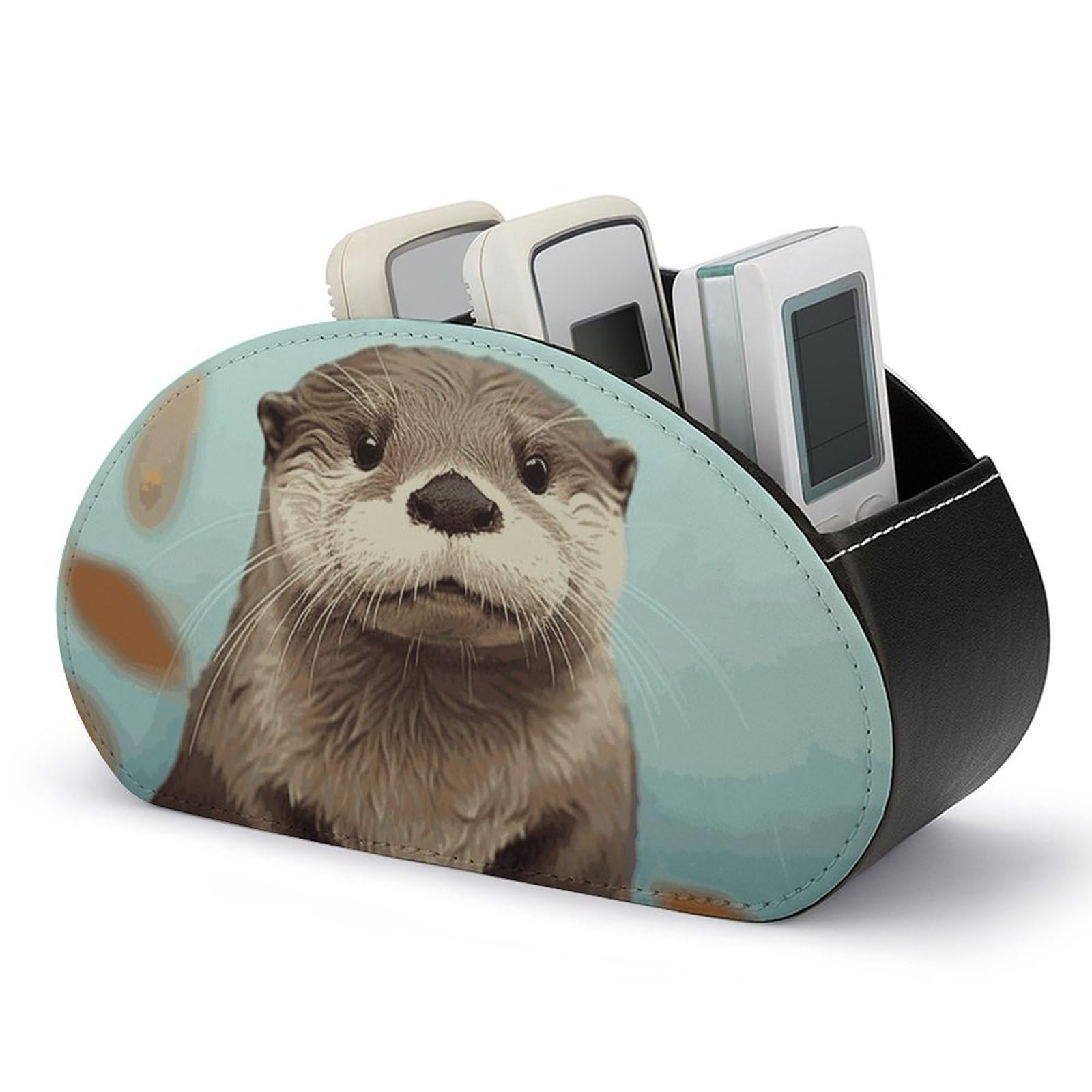 DWVTSLH Cute Otter Remote Control Holder with 5 Compartments - PU Leather TV Remote Holder Remote Caddy Desktop Organizer Makeup Brush Holder, Remote Storage Box for Home Office