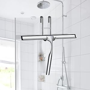 Shower Squeegee Set, Include Shower Door Hook, Adhesive Hook and Spare Silicone Blade, Window Squeegee for Shower Glass Door, Bathroom, Mirror, Window Car Glass 14Inches Silver