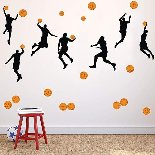 Calcomanías de pared de silueta de baloncesto Slam Dunk (20 calcomanías), calcomanías de pared para jugadores deportivos, despegar y pegar, arte de