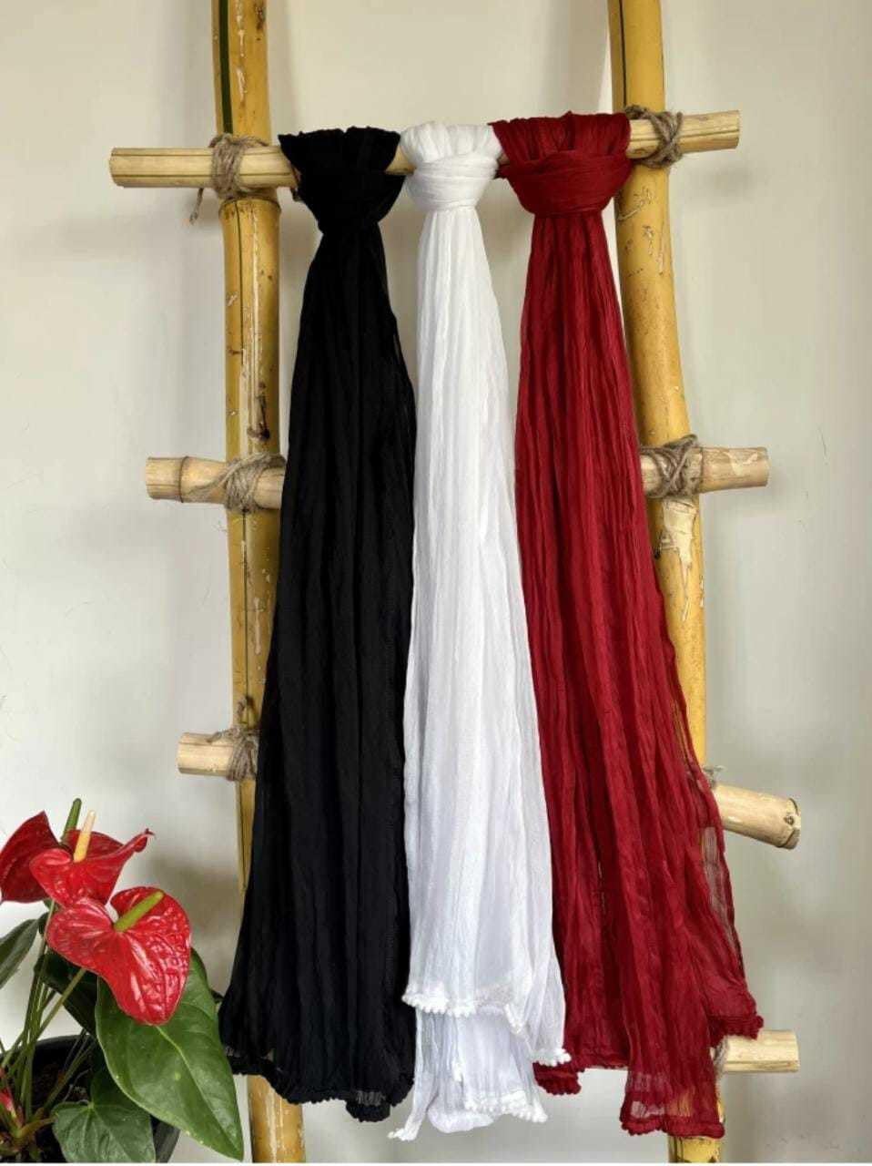 Nakoda Creation Cotton Blend Solid Women Dupatta (Pompom Pack OF. 3:-Black,White,Maroon) - BZ38842-picture-34