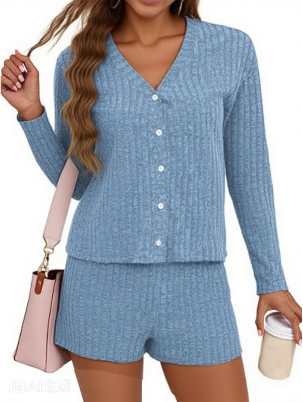 REVETRO Womens Sexy Pajama Sets Button Down Lounge Set 2 Piece Long Sleeve Knit Sweater Shorts Pajamas Spring Outfits - Image 2