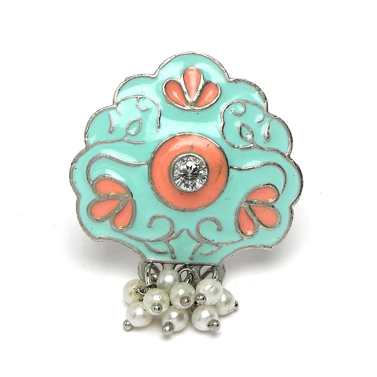 Oxidised Silver Floral Design Lime Green and Pink Meena Finger Ring for Women-image-29