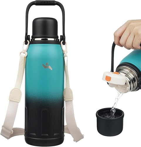 Botella de agua aislada con asa y correa, vaso de viaje al vacío con tapa de taza, taza de café térmica para bebidas frías y calientes, 50 onzas,