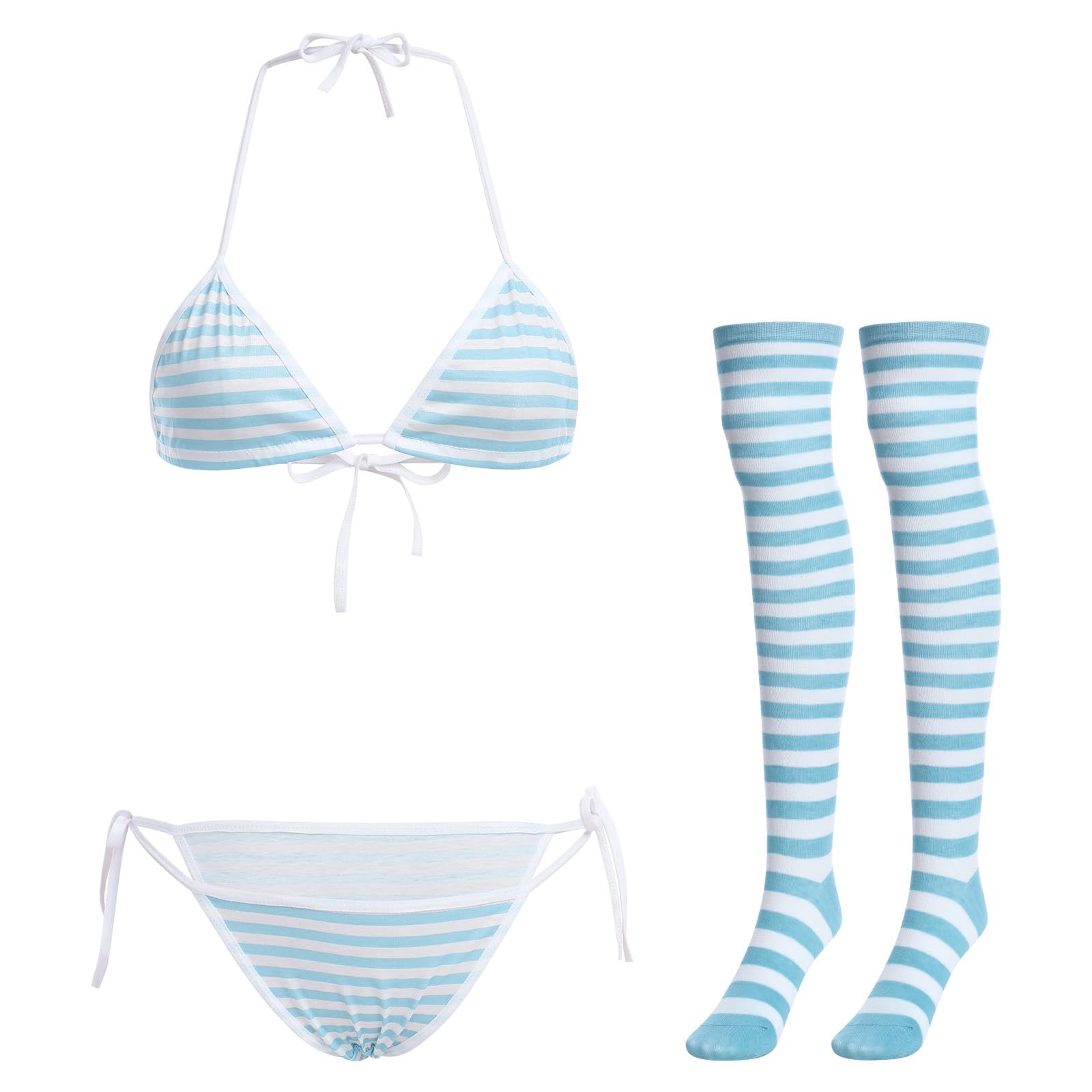 ABAFIP Women Cute Kawaii Anime Lingerie set Halter Strap Micro Bra Tiny Panty Garter Belt Striped Stockings 4Pcs Underwear: One Size Blue - Pinstripes