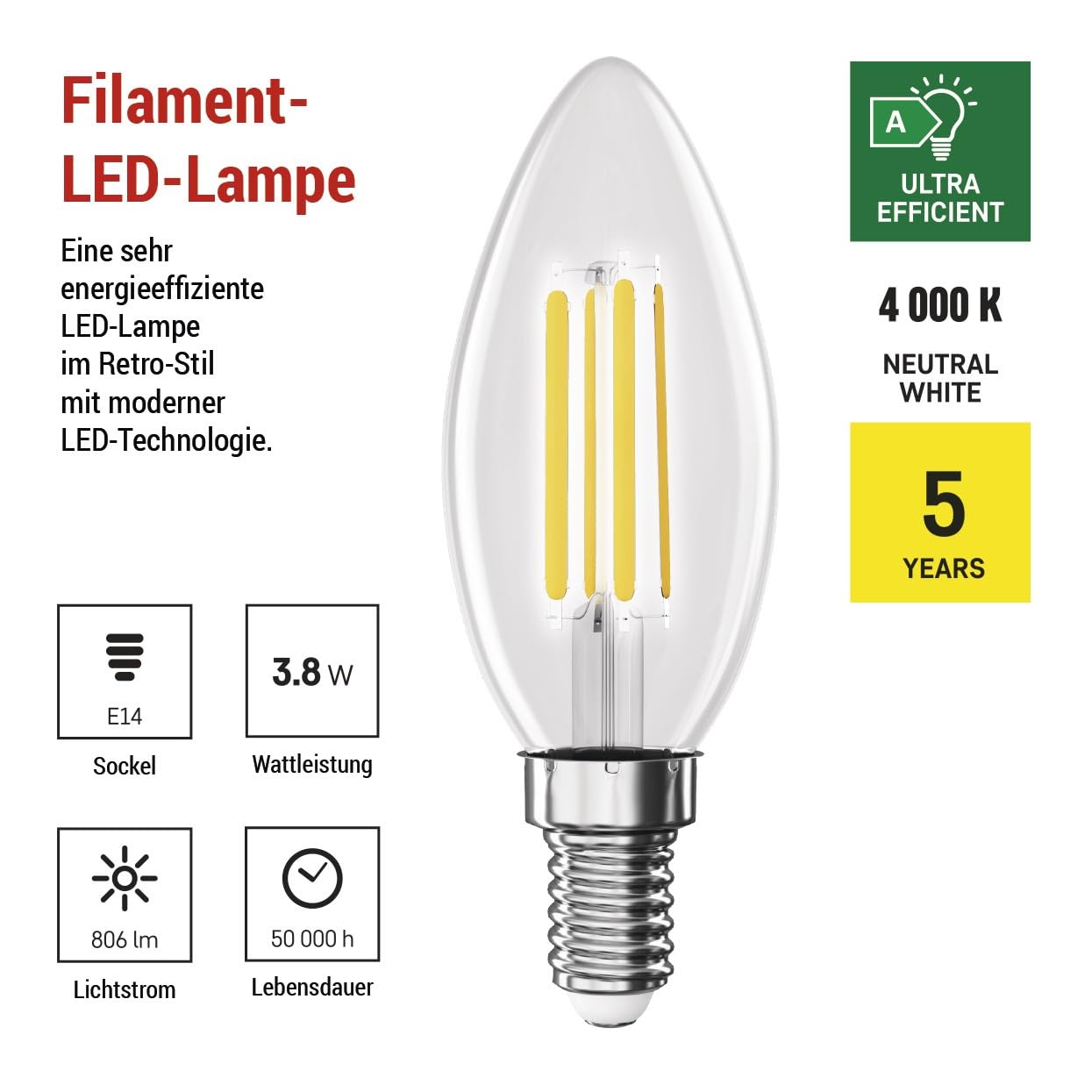EMOS Żarówka LED Edison Candle, zamiennik żarówki 3,8 W do żarówki 60 W, klasa A, oprawa E14, jasność 806 lm, neutralna biel 4000 K, długa żywotność 50 000 h, CRI min. 80, kąt świecenia 360°