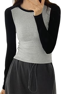 Camiseta básica de manga larga para mujer, color negro, camiseta de manga larga sexy, camiseta elástica ajustada, manga larga, cuello redondo, camiseta atlética, ropa de niña limpia, bloque de color,