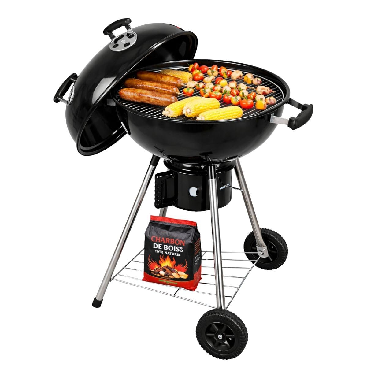 Intec – Barbacoa de carbón de leña con trípode Ø57 cm, rejilla para cocción y tapa, termostato para cenizas, barbacoa, redonda, 2 ruedas, cocina exterior, jardín, terraza