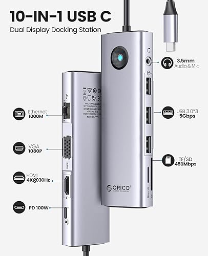 Miniatura 2 de ORICO - Estación de acoplamiento USB C con monitor doble, estación de acoplamiento para laptop 10 en 1 con HDMI 4K, VGA, 3 puertos USB, PD 100W, SD