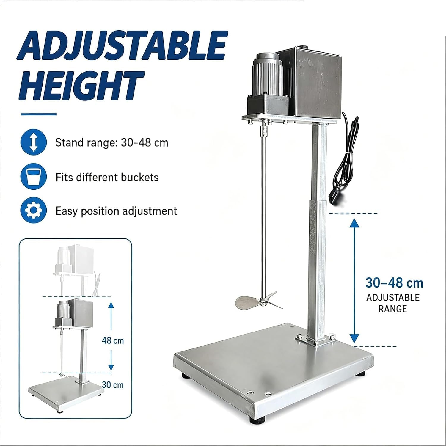 Mezclador de pintura vertical 400 trmin con soporte ajustable 30-48 cm, eje y pala de acero inoxidable para uso en taller o laboratorio. Mezclador versátil