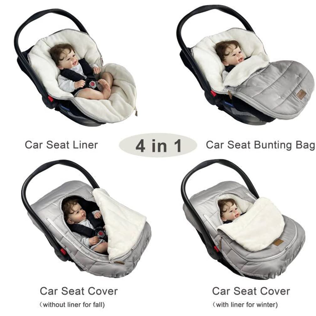 funlife Car Seat Bunting Bag Set, Cover for Spring Fall, Front Height Adjustable Waterproof Infant Carseat Bunting Bag for Winter, for Harsh Winter Use Car Seat Cover and Bunting Bag Together,Grey