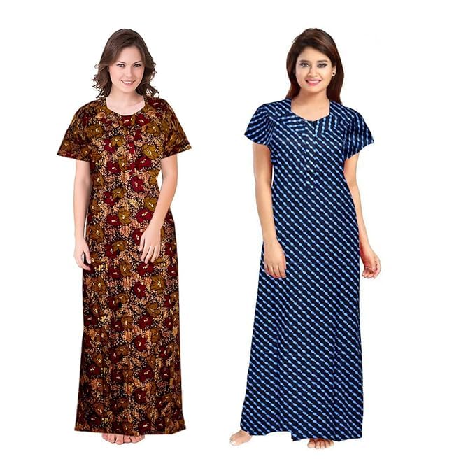 GenericAALIT Nighty for Women Cotton Printed Maxi Gown Ankle Length Nighty Night Dress Gown for Women Maxi - Free Size (Pack of 2) (Free Size, Blue&Brown)