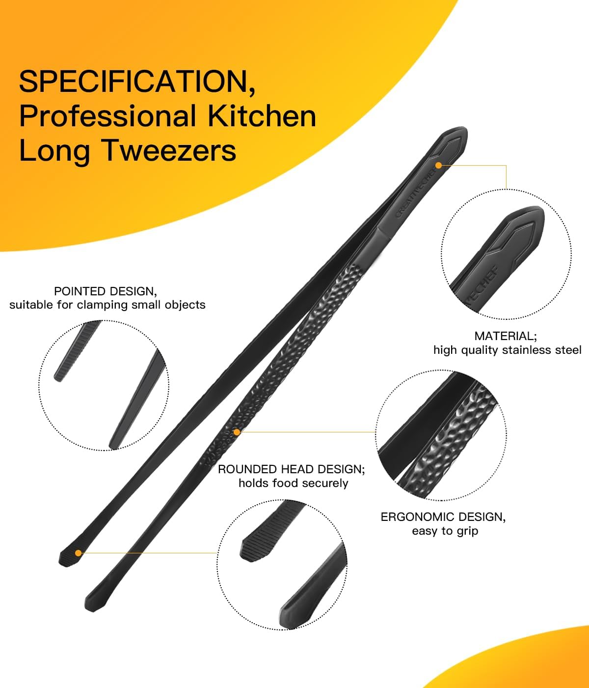 Cooking Tweezers, 5 Piece Chef's Tweezers Tongs, Chef's Plating Tool, 10 inch and 6.5 inch Food tweezers, Universal for all kinds of cooking, steak, plating, pasta and many other scenarios (5pc Set)