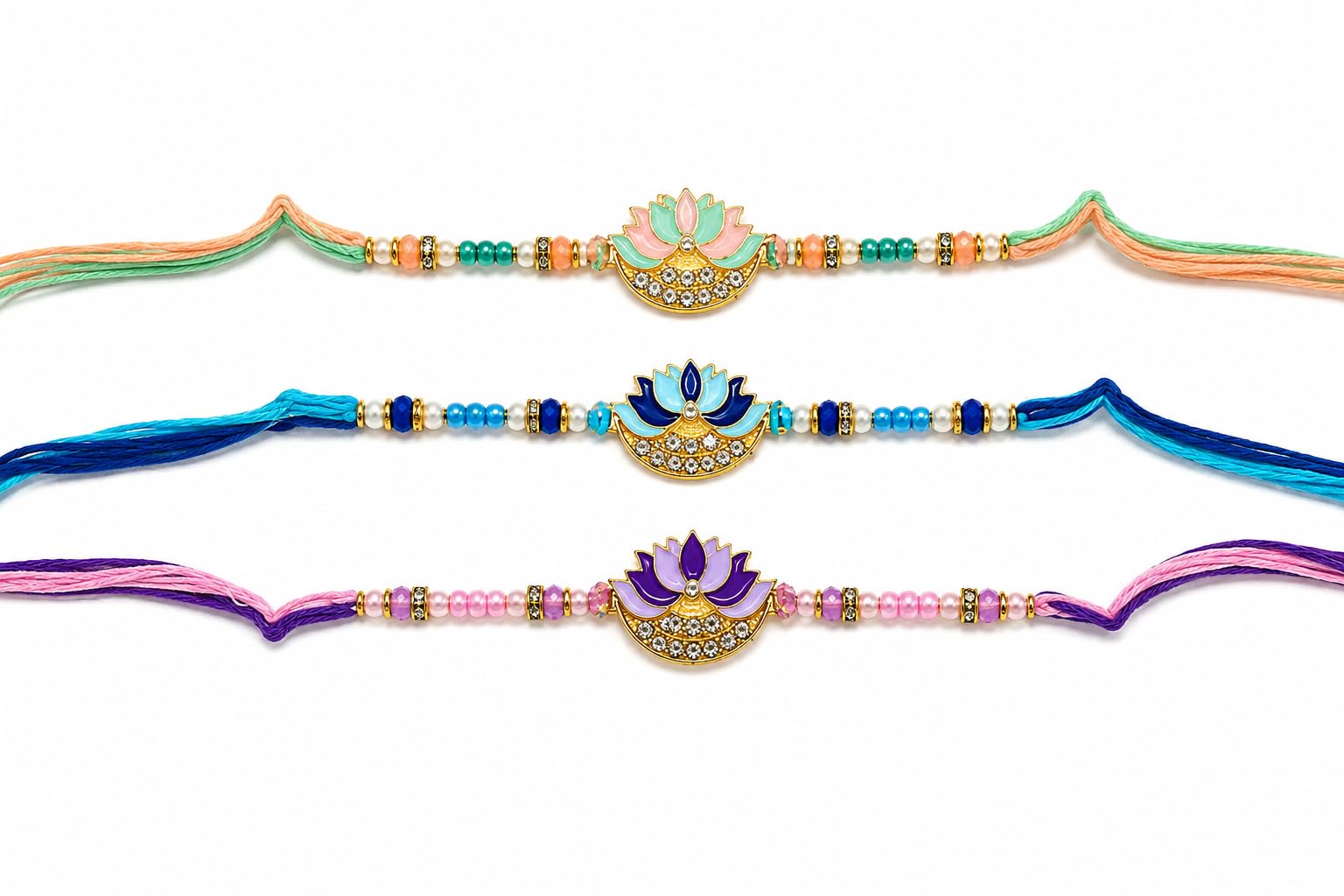 Lotus Design Rakhi Set of 3 for Brother | Premium Handmade Designer Rakhi | Traditional Raksha Bandhan Sacred Thread (Design 14)-image-43